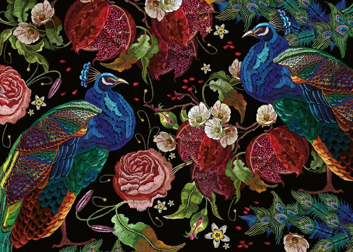Puzzel Geheimzinnige tuin: Pauwen tussen rozen 1000 stukjes