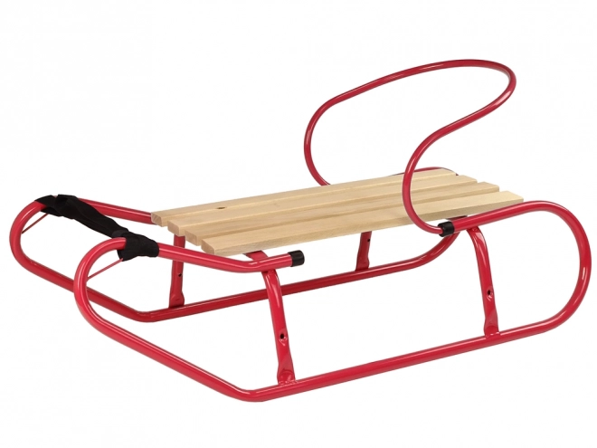 Metal sled with backrest and red strap