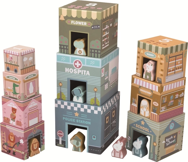 Tour empilable City en cubes – jeu de construction en bois pour enfants