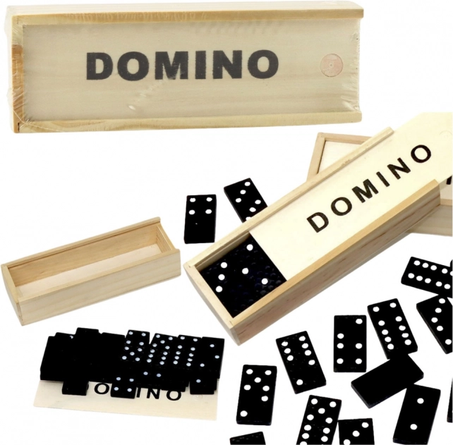 Wooden dominoes in a box, 32 black tiles