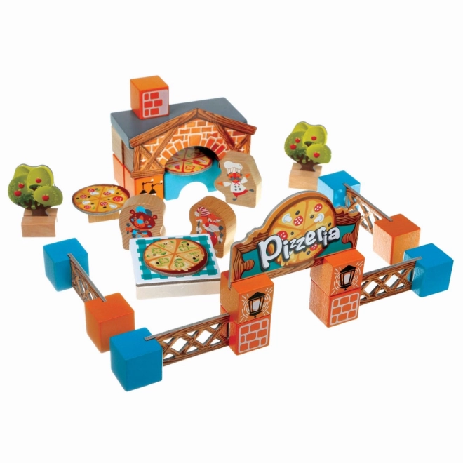 Cubika Pizzeria Wooden Building Set with Cardboard Accessories