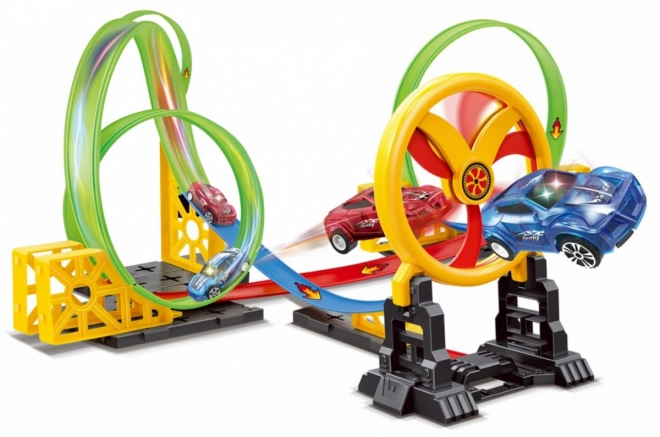 Children's Racing Track with LED Cars and Movable Hoop