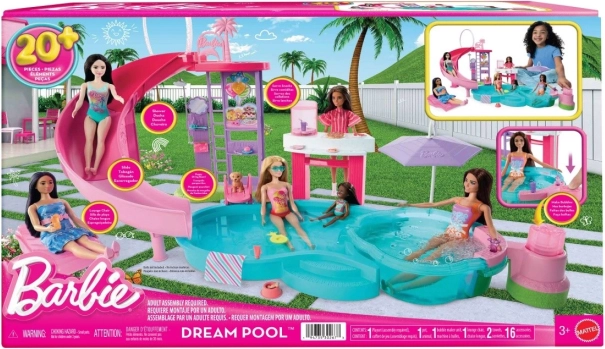 barbie álommedence – játékkészlet csúszdával, pezsgőfürdővel és snack bárral