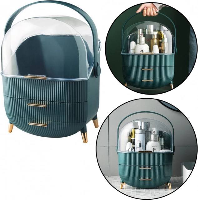 Cosmetic Organizer with Transparent Lid and Two Drawers Green