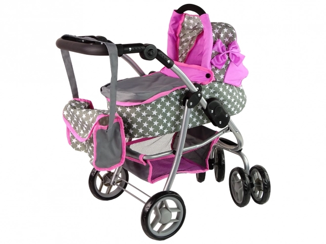 2-in-1 Doll Stroller with Bag - Pink Stars