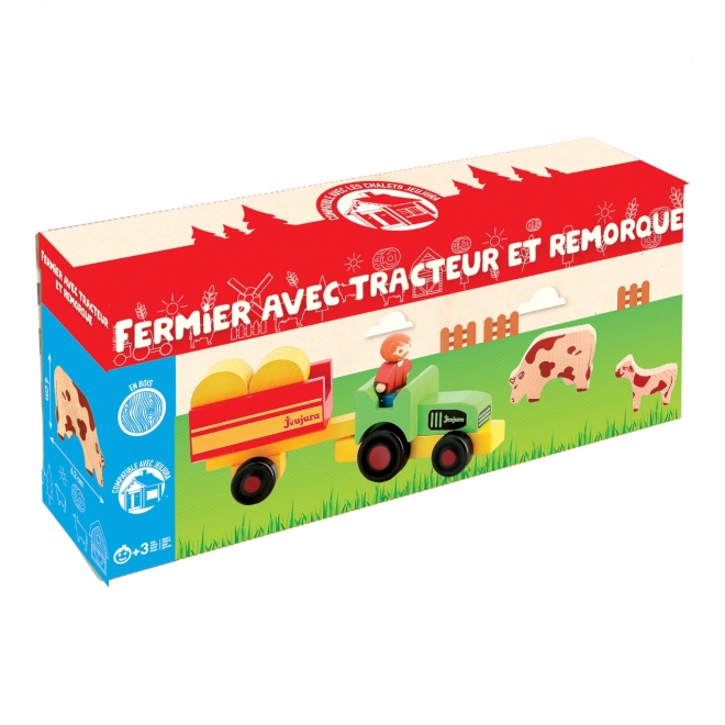 Wooden Farmer Figures with Tractor and Trailer