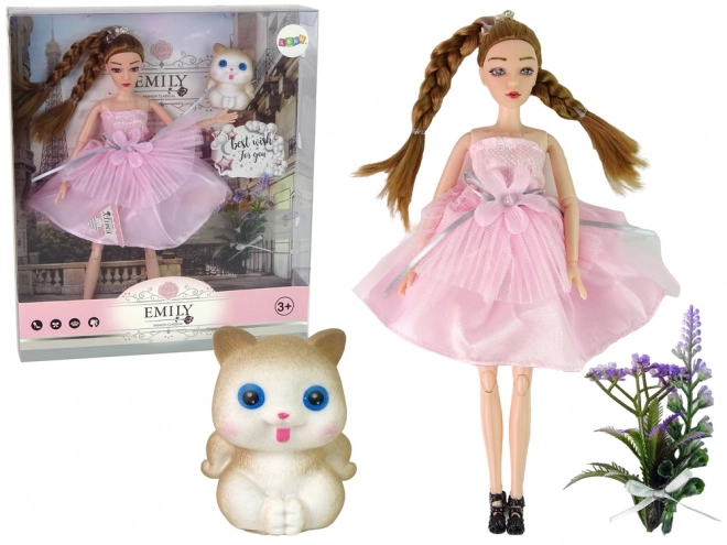 Emily Doll with Braids, Cat, and Flowers Set