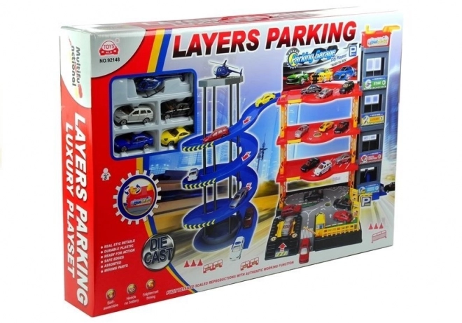 Large Multilevel Parking Garage with Cars and Helicopter