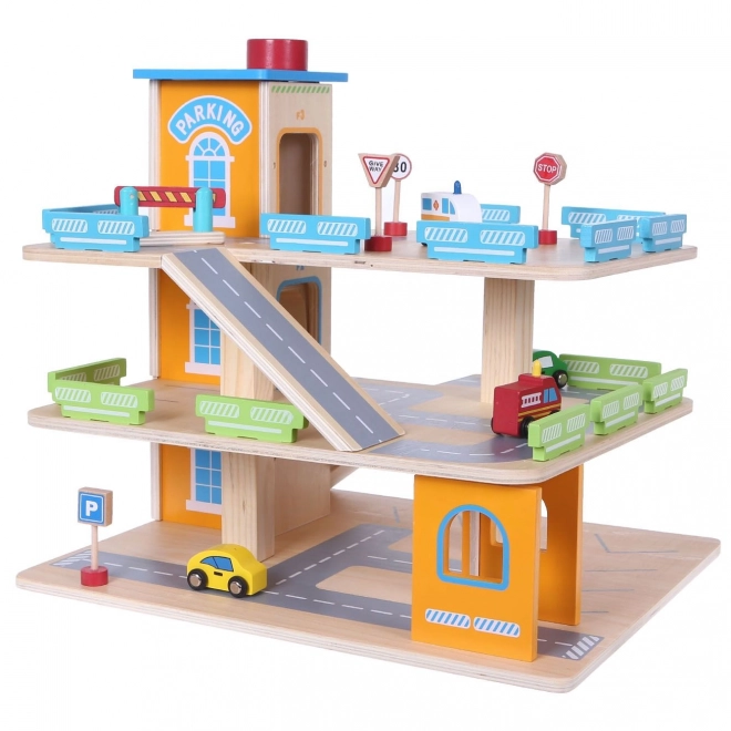 wooden multi-level garage with elevator and toy cars