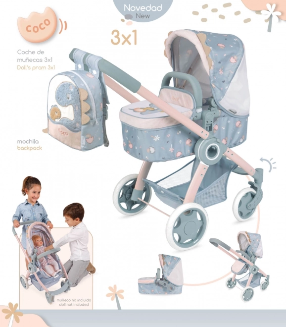 Foldable 3-in-1 Doll Stroller with Backpack Coco 2024