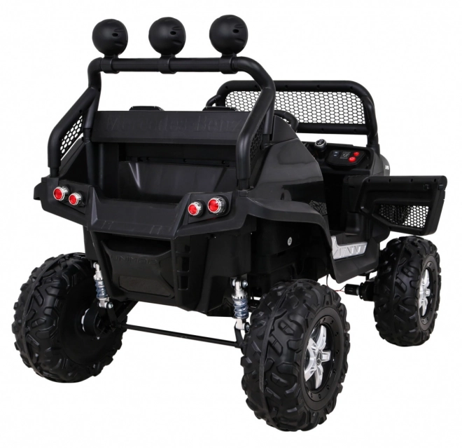 Mercedes Benz Unimog pro děti černý + pohon 4x4 + dálkové ovládání + zavazadlový prostor + pomalý start + MP3 LED