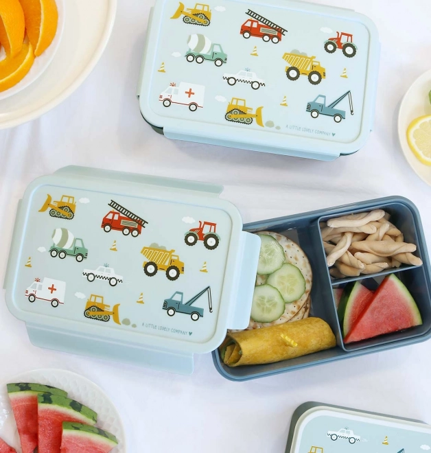 A Little Lovely Company lunchbox with vehicle design