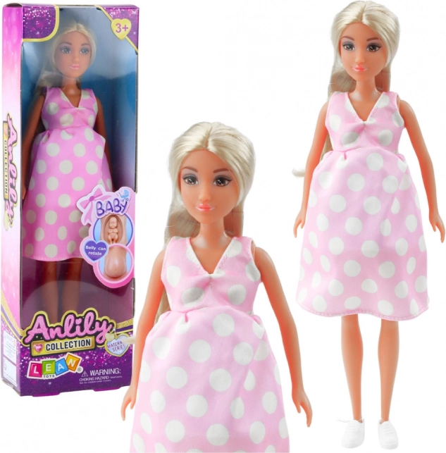 Pregnant Anlily Doll in Pink Polka Dot Dress Long Hair