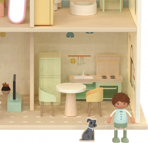 Large wooden dollhouse with furniture