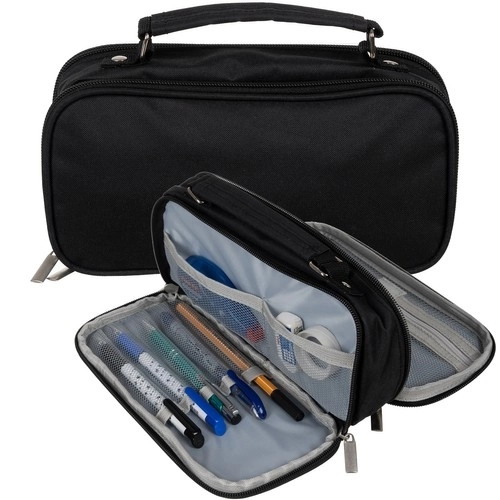 Large Black School Pencil Case - Expandable Dual Compartment