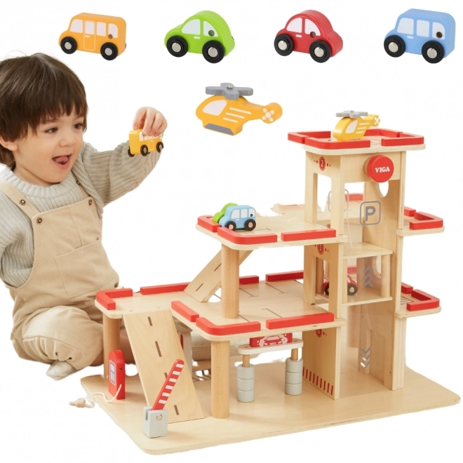 Wooden Parking Garage Set with Elevator