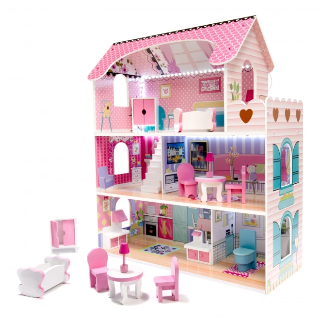 wooden dollhouse with pink LED lights