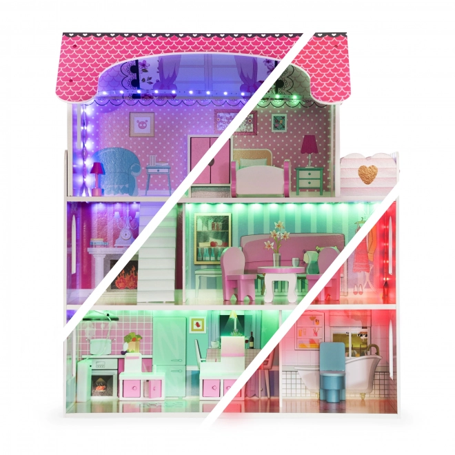 Wooden Dollhouse with LED Lighting and Furniture Set