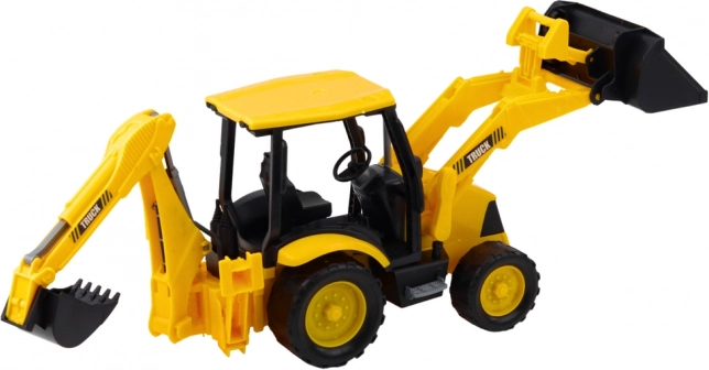 Escavatore gommato da costruzione con due benne mobili giallo
