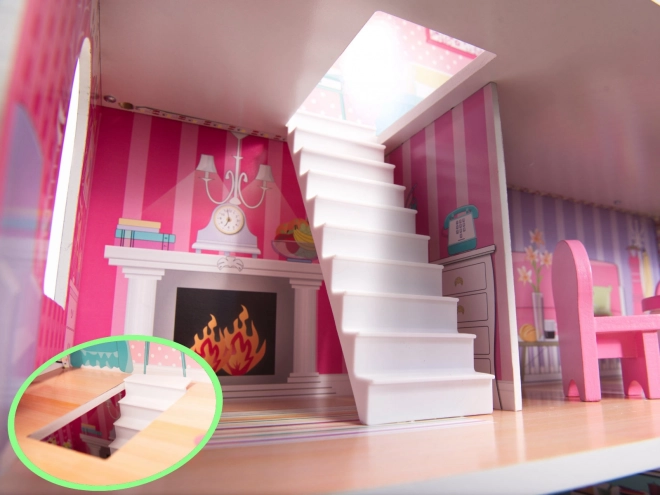 wooden dollhouse with pink LED lights