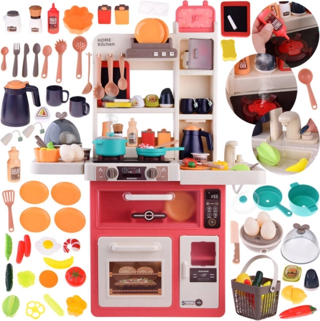 Kids’ play kitchen with steam, lights and sounds, fridge and accessories, 63 pieces