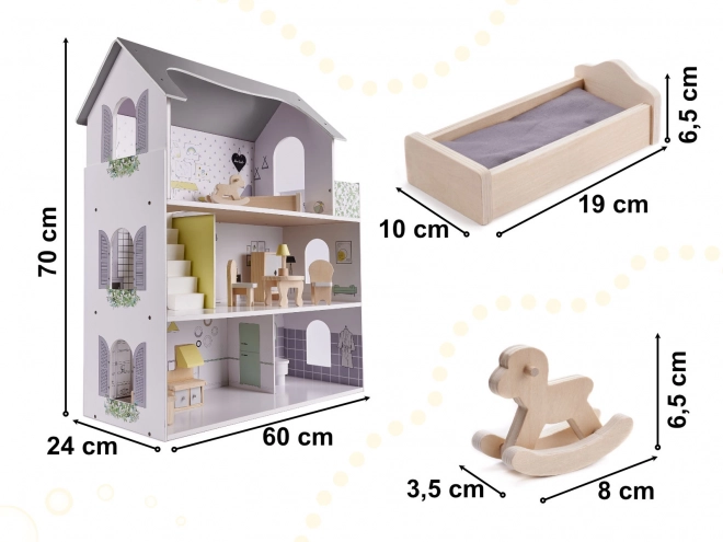 Wooden Dollhouse with Furniture Gray