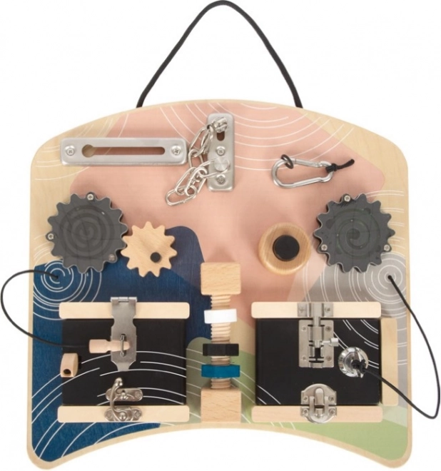 Small Foot Activity Board with Locks and Spinning Elements