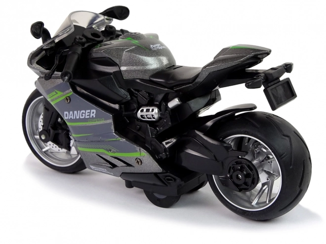 Gray and Green Pull-Back Toy Motorcycle with Lights and Sound 1:12 Scale