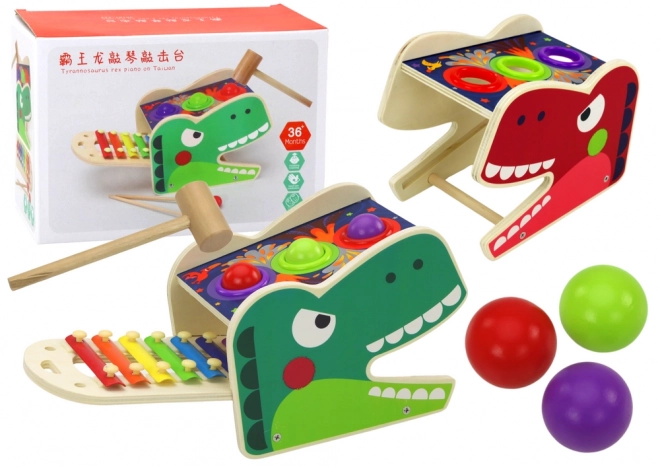 2-in-1 Dinosaur Xylophone Hammer Toy Wood Red