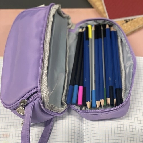 Large Purple School Pencil Case - Foldable with Three Compartments