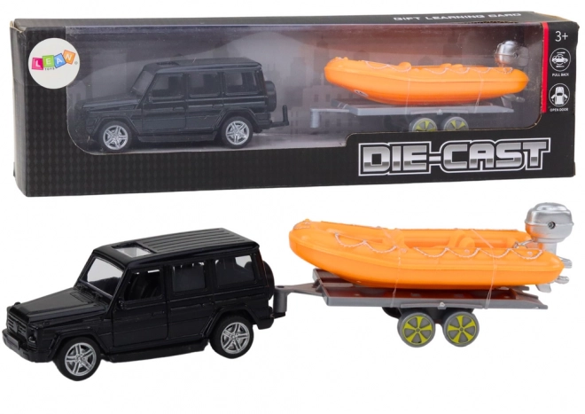 Off-Road Black Vehicle with Orange Boat Trailer