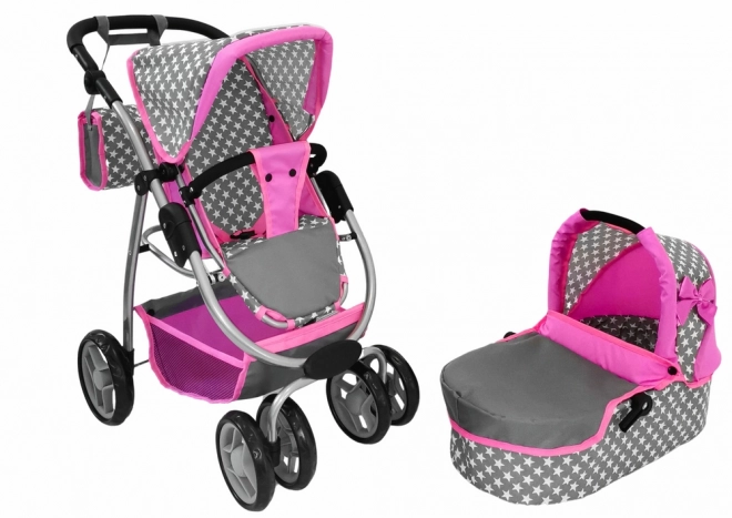 2-in-1 Pink Doll Stroller with Bag and Bassinet