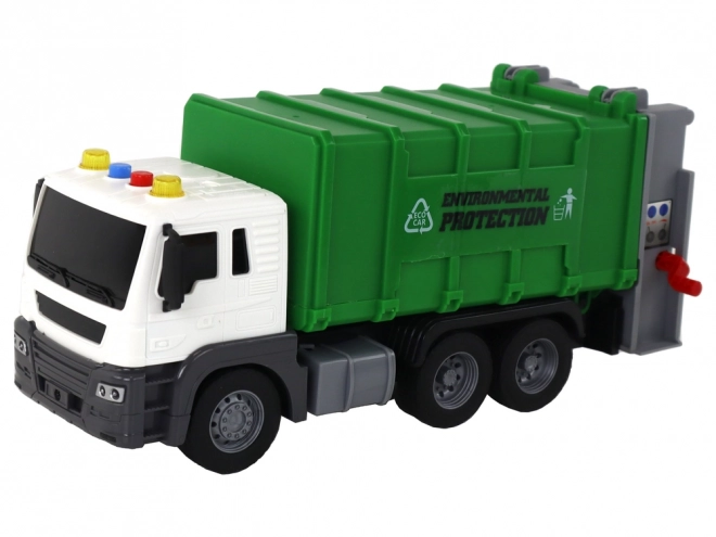 Green Friction-Powered Garbage Truck with Crane 1:16 Scale