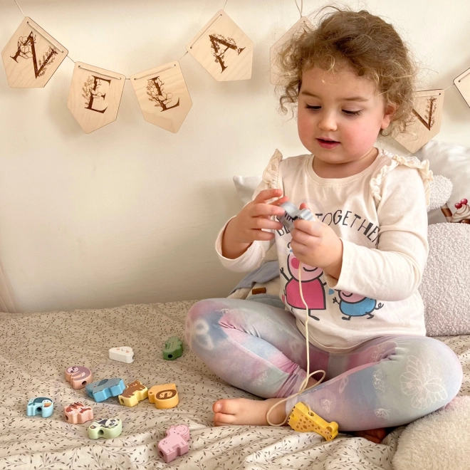 WOOPIE GREEN drewniany zestaw nawlekane ZOO Montessori 13 części