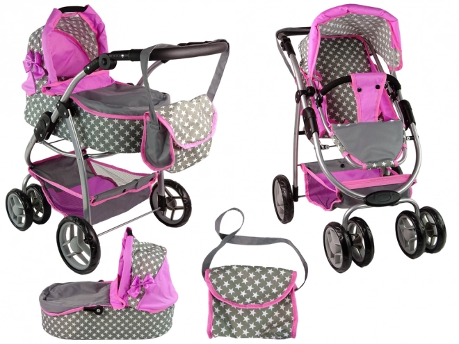 2-in-1 Pink Doll Stroller with Bag and Bassinet