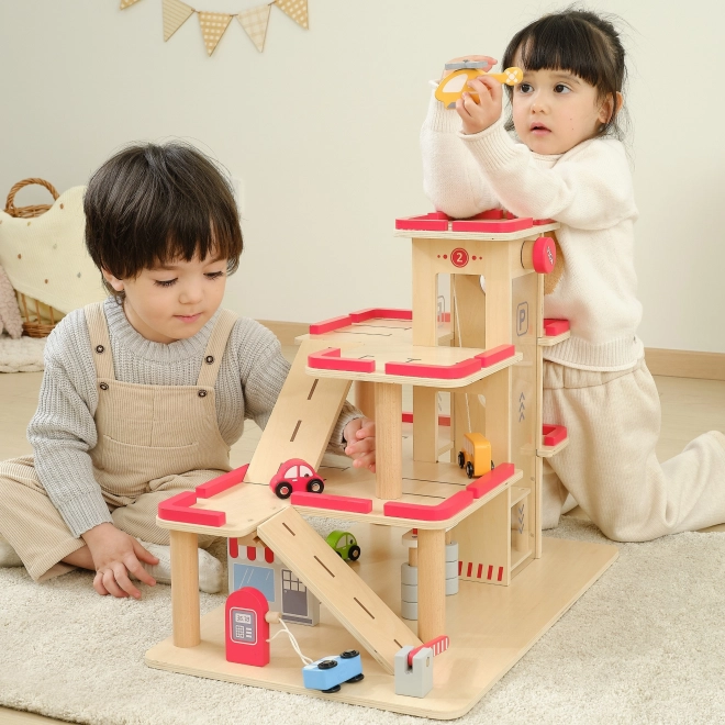 Wooden Parking Garage Set with Elevator