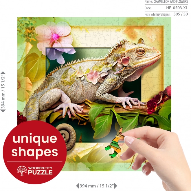 Wooden Puzzle Chameleon and Flowers