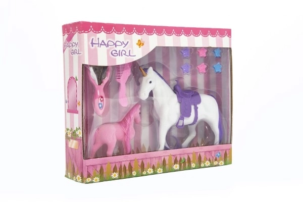 Unicorn Horse with Saddle and Foal Set