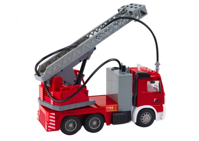 Friction-powered fire truck with extendable ladder, lights, and sounds