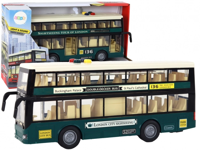 Double-Decker Bus with Lights, Sounds, and Friction Drive in Dark Green