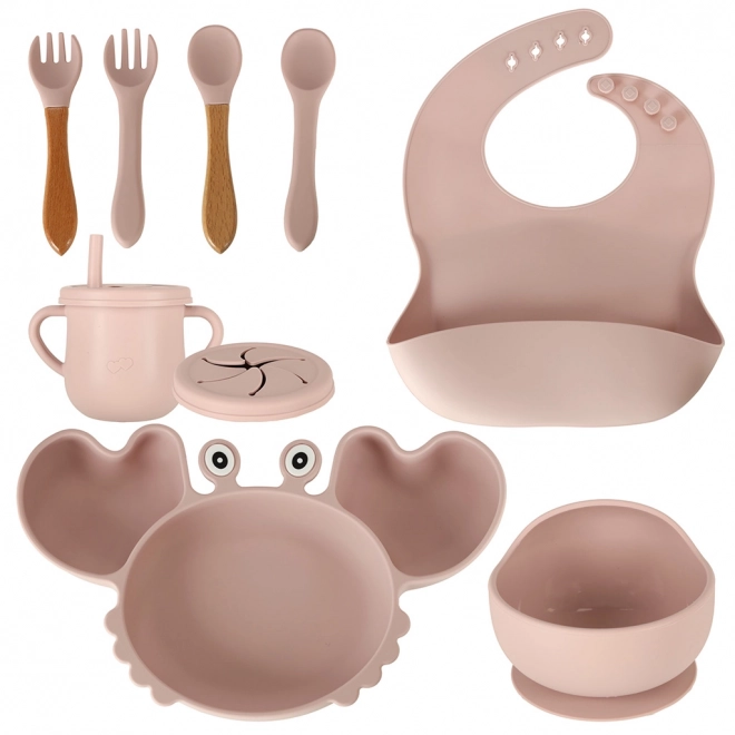 Silicone Dinnerware Set for Babies - Crab Design (9-Piece, Pink)