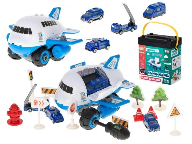 Police Transporter Airplane with Cars and Accessories Set