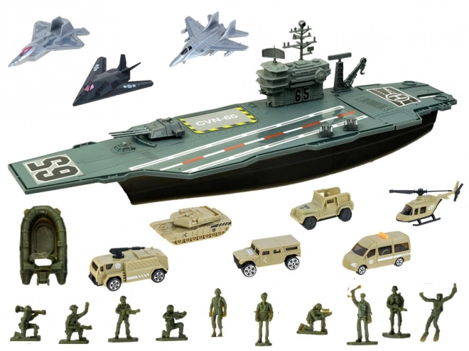 Large Military Aircraft Carrier with Planes and Vehicles