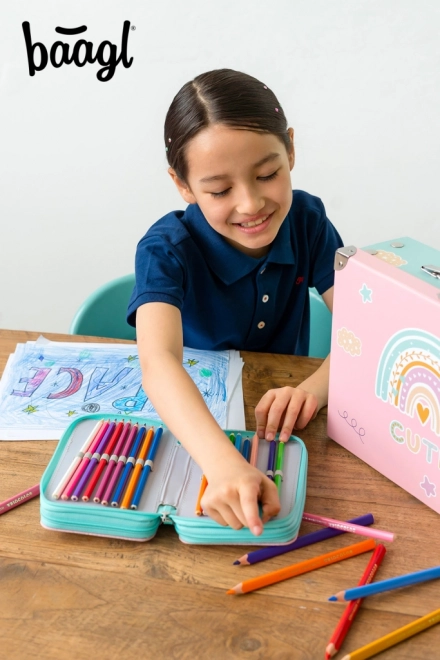 Pink Rainbow Three-Compartment School Pencil Case