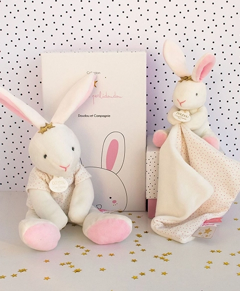 Cuddly Toy Gift Set - Plush Rabbit with Comforter in Pink