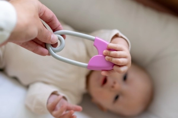 Baby Rattle Pin in Pink and Gray