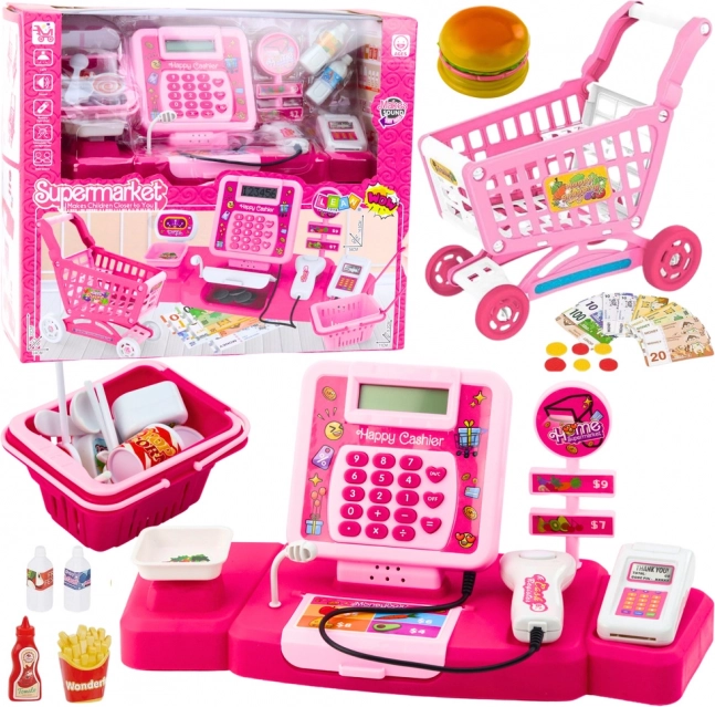 Roze kassa en mandje - kinderspeelgoed winkelset