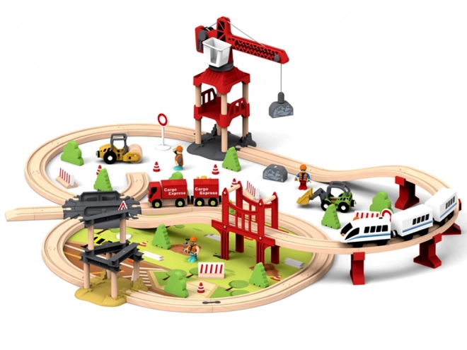 Wooden Train Set with Transport Base and Crane