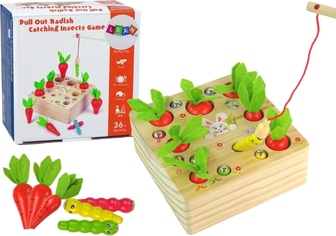 Wooden educational game with carrots and worms with a magnetic fishing rod