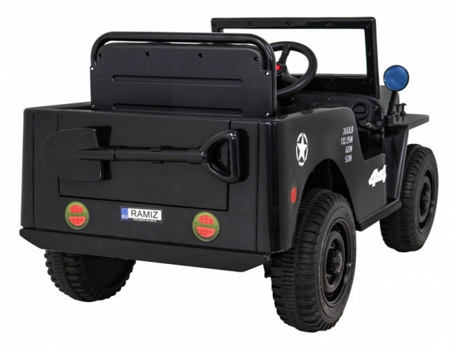 Retro military car for kids black + 4x4 drive + remote control + 2 luggage racks + slow start + MP3 LED